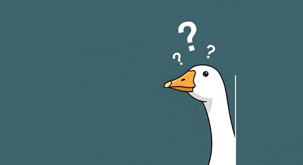 A cartoon goose peeks from behind a wall, surrounded by question marks. The image suggests curiosity, uncertainty, or a puzzle. Simple, minimalist design.