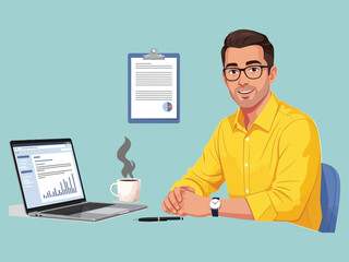 Smiling Man in Yellow Shirt at Desk with Laptop and Coffee.