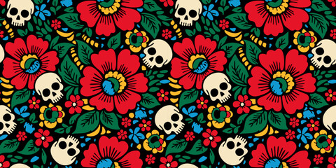 Bright vector seamless pattern with sugar skulls surrounded with flowers. Mexican Day of the Dead