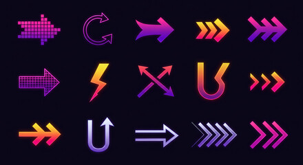 A vibrant collection of modern gradient arrow icons for digital design. This versatile set includes various pointers, cursors, and directional symbols