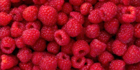 Close-up of a pile of fresh, juicy, and delicious red raspberries, perfect for a sweet treat.