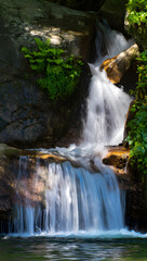 Cascading Waterfall Flowing Over Mossy Rocks Amidst Lush Greenery nature cascade