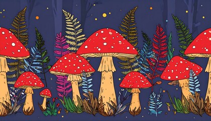 Night forest scene with vibrant red mushrooms and colorful ferns