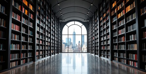 Modern library interior with high bookshelves and large arched window overlooking city skyline in daylight. Ai generative. Ai generative
