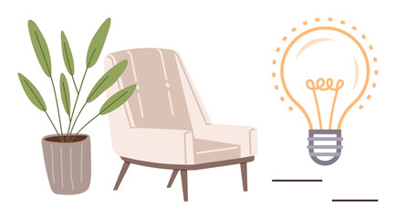 Beige armchair beside green potted plant and large glowing light bulb radiating warmth and creativity. Ideal for comfort, home decor, relaxation, lifestyle, innovation, inspiration, simple flat
