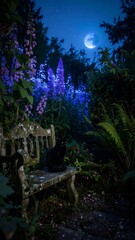 Night Garden Scene with Cat