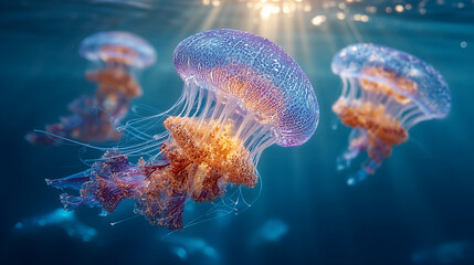 A group of jellyfish swimming in the ocean with sunlight above them.