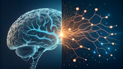 Split image showing a human brain merging with a digital neural network mind intelligence