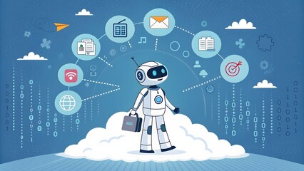 Cartoon robot with briefcase standing on cloud surrounded by digital icons and binary code artificial intelligence