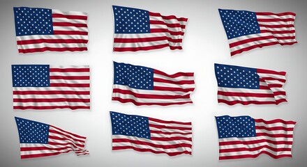 Collection of American Flags Waving in the Wind with a Red and White Striped Background