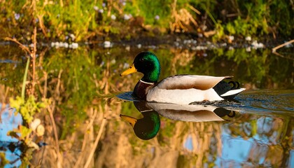Mallard duck swimming in a serene pond at sunset