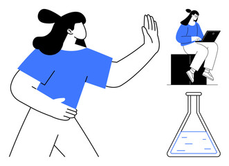 Woman making a stopping gesture, a seated figure on laptop, and a lab flask with liquid. Ideal for boundary-setting, focus, workflow, research, science, studies work-life balance simple flat
