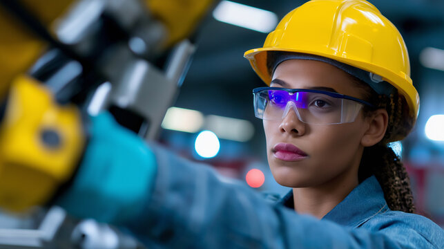 Focused female engineer operating industrial robotic equipment in a high-tech manufacturing facility.
