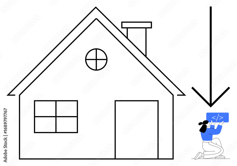 Wall mural house with windows, chimney, and coder holding a laptop featuring code. ideal for real estate, remot