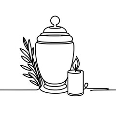 Minimalist line art cremation urn with candle and leaf, funeral and remembrance symbol, transparent background