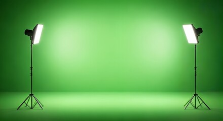 Illuminated Green Screen Stage Symmetrical Studio Lights Poised for Filming.