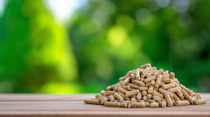 Obraz premium Small heap of eco-friendly wood pellets placed on a wooden surface with a green forest background. 