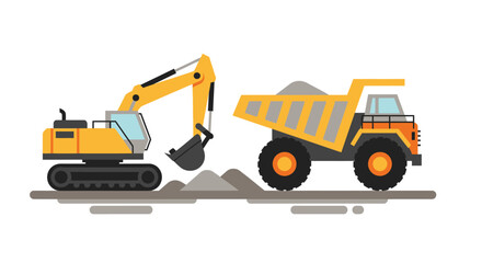 Illustration of an excavator loading a dump truck with dirt at a construction site.