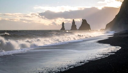 Dramatic black sand beach at sunset
