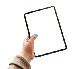 A hand holding a tablet with a blank screen.