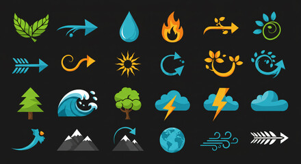 Colorful Nature-Themed Icons and Symbols Set for Environmental and Weather Concepts