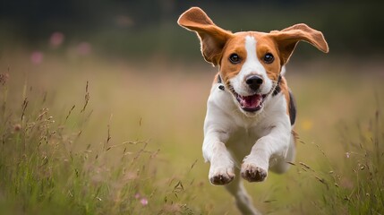 Energetic beagle racing with joy