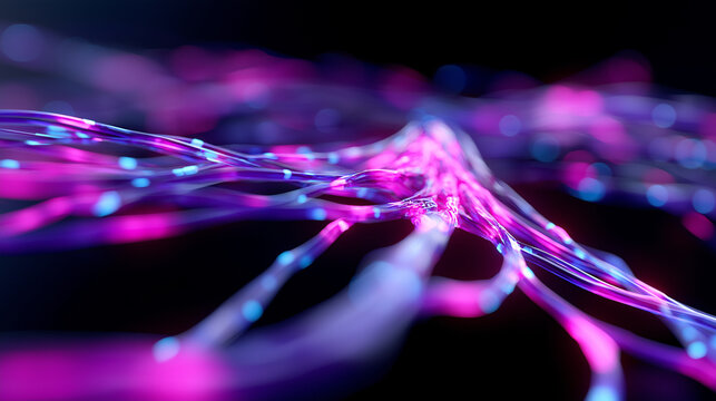 Abstract 3D visualization of glowing neural network connections in pink and blue colors on a dark background.
