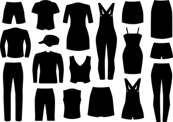 A collection of women's fashion clothing silhouettes, including dresses, shirts, and pants, in a stylized black vector illustration