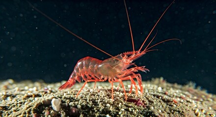 Luminous Red Shrimp with a Delicate Translucent Body on the Dark Ocean Floor.