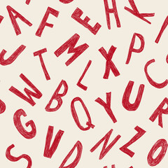 Patrón sin costuras de abecedario dibujado a mano con letras rojas. Estampa de letras para superficie. Fondo de abecedario estilo garabato.