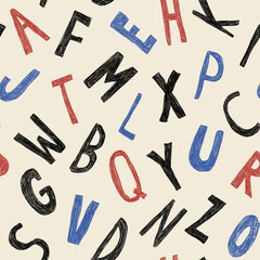 Patrón sin costuras de abecedario dibujado a mano con letras coloridas. Estampa de letras para superficie. Fondo de abecedario estilo garabato.