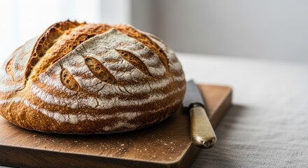 Freshly Baked Sourdough Bread Loaf with Knife on Rustic Cutting Board