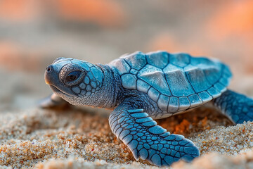 Obraz premium Close-up shot of a newborn sea turtle crawling on the sandy beach