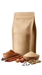 Kraft paper pouch food packaging mockup with ingredients on transparent background