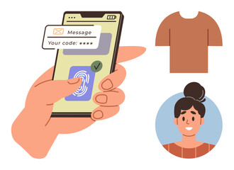 Hand holding smartphone with fingerprint scanner and passcode notification, alongside a brown shirt and female profile image. Ideal for authentication, verification, security, e-commerce, identity