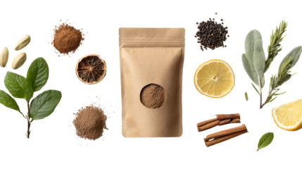 Kraft paper snack packaging mockup with natural ingredients on transparent background