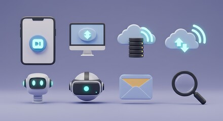 A modern digital concept collection of vibrant 3D icons representing technology, cloud services, data, and communication for today's connected world