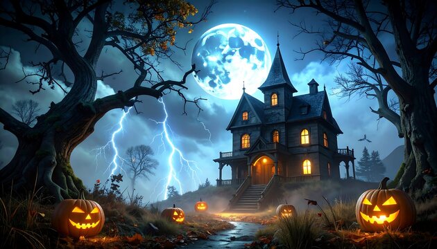 Haunted mansion at night under a full moon