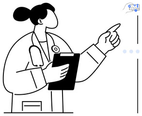 Female doctor holding clipboard and pointing at projected healthcare data. Ideal for medical care, consultation, diagnosis, health analytics, patient education, telemedicine, research. Flat simple