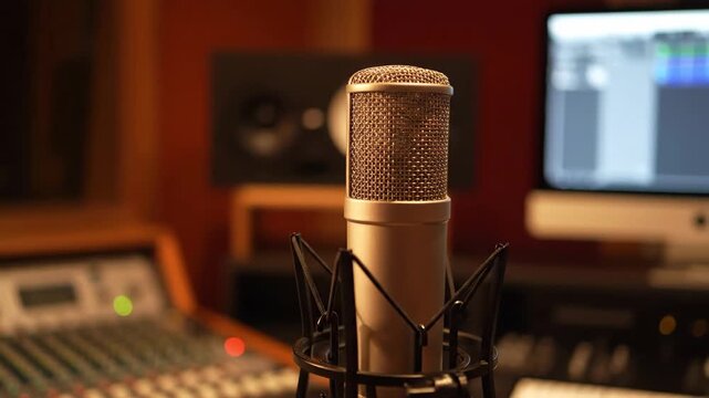 Professional studio microphone ready for recording session capturing crystal clear audio for music production or podcasting