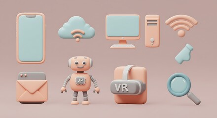 A collection of 3D rendered modern technology icons including a robot, VR headset, cloud computing, and communication symbols