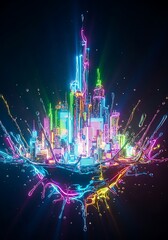 Obraz premium Futuristic neon city skyline reflected in liquid splashes on dark backdrop