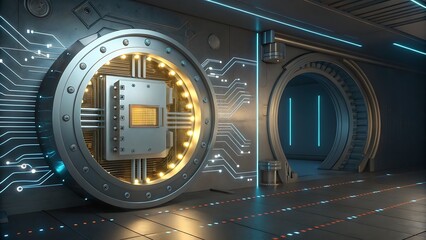 Futuristic vault door with circuit board and glowing elements inside