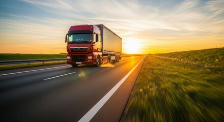 Red Semitruck Driving On Highway At Sunset