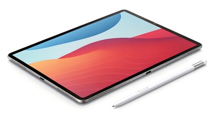 Tablet with colorful screen and white stylus on white surface
