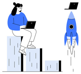 Woman working on laptop sits on bar chart, symbolizing progress and analytics. Blue rocket represents startup success and ideas taking off. Ideal for technology, business, career, growth, education
