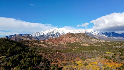 Panoramic view of snow-capped mountains and a colorful desert landscape under a partly cloudy sky