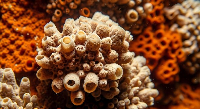 Porous Beauty A Detailed Macro of a Beige Sponge Colony Against a Vibrant Orange Reef.