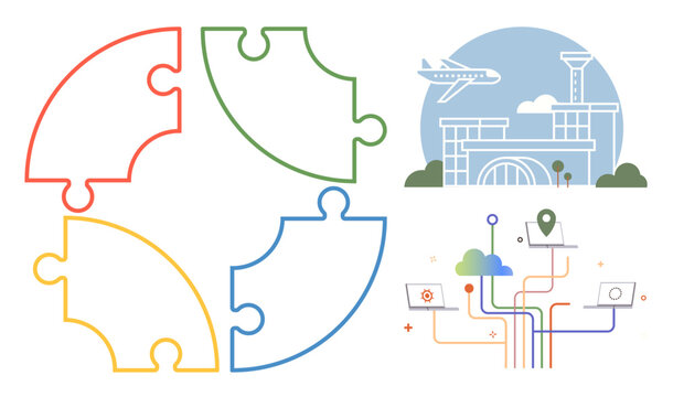 Interconnected puzzle pieces, airport terminal, airplane, and digital network wires linking laptops and location pin. Ideal for teamwork, travel, technology, logistics, connectivity innovation