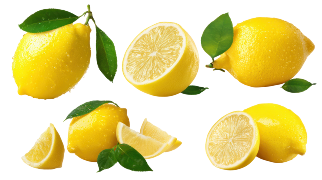 Lemon isolated set collection of ripe lemon half and slices on transparent background